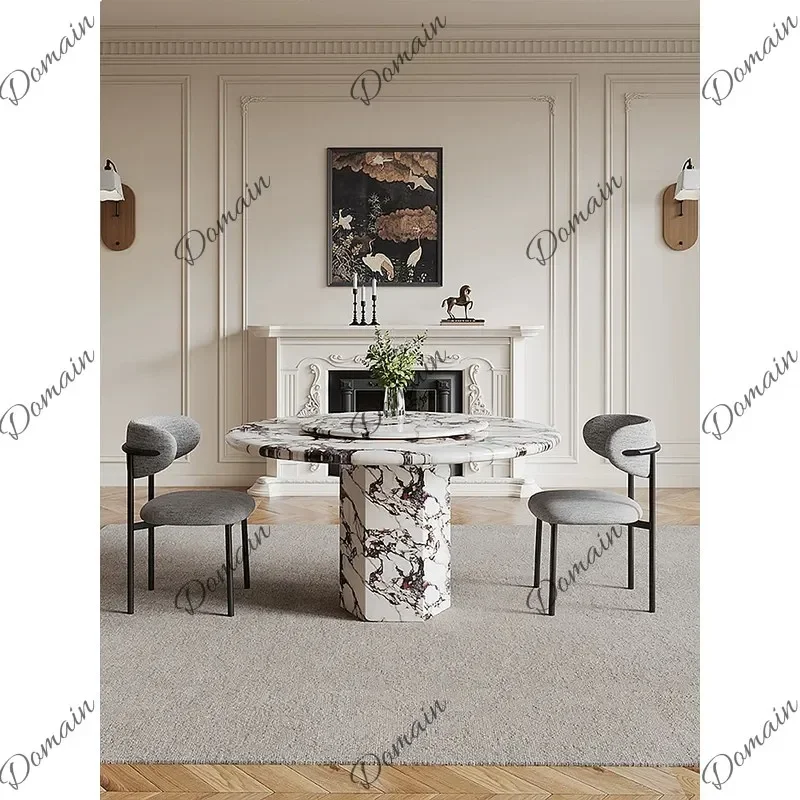VP French Vintage Round Marble Dining Table with Lazy Susan for Small Space Home