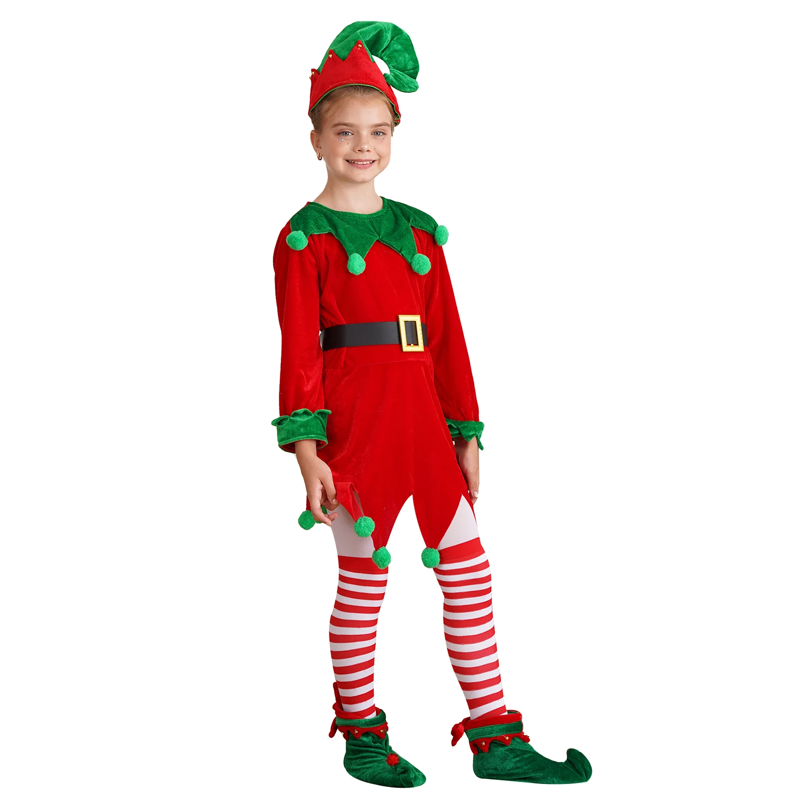 Costumes de cosplay d'elfe de Noël pour enfants, velours rouge, manches longues, garniture dentelée, robe, ceinture, chapeau d'elfe, bas rayés, chaussures, fête, trempé, nouveau