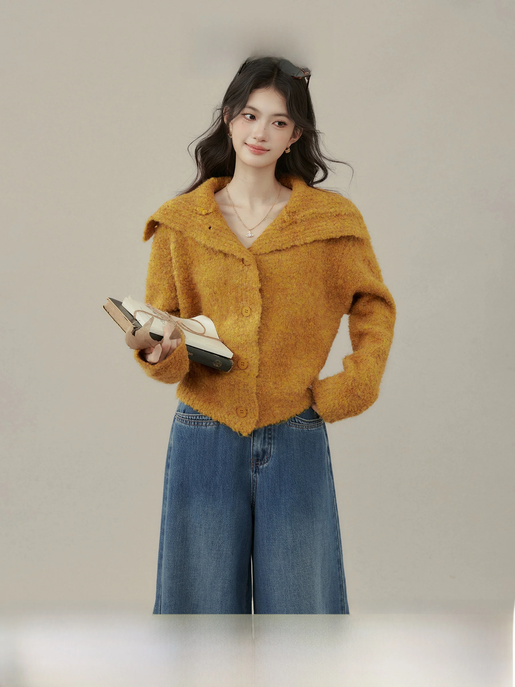 

Super Outfit Sweater for Plump Women Single Button Autumn Winter Sle Large Collar Korean Design Warmth Heating ort Length