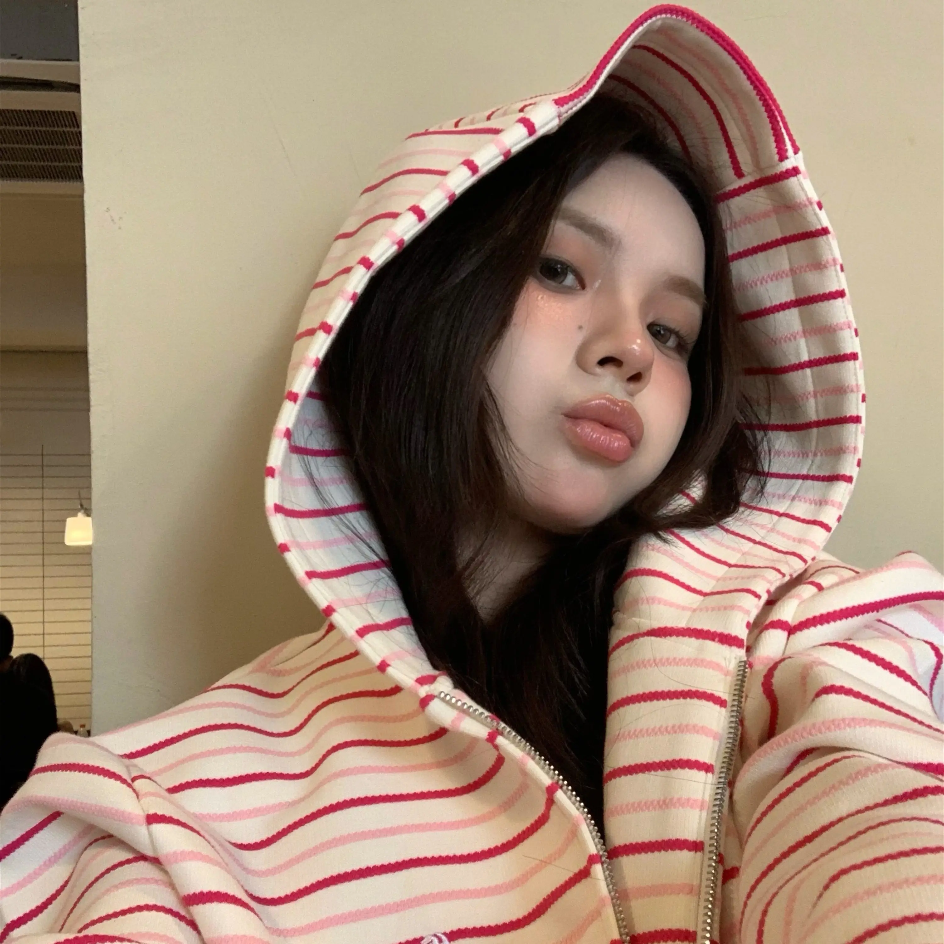 

Pink White Striped Hooded Sweatshirt Cardigan Autumn Style Korean Style Lazy Style National Trend Loose Versatile Jacket Top