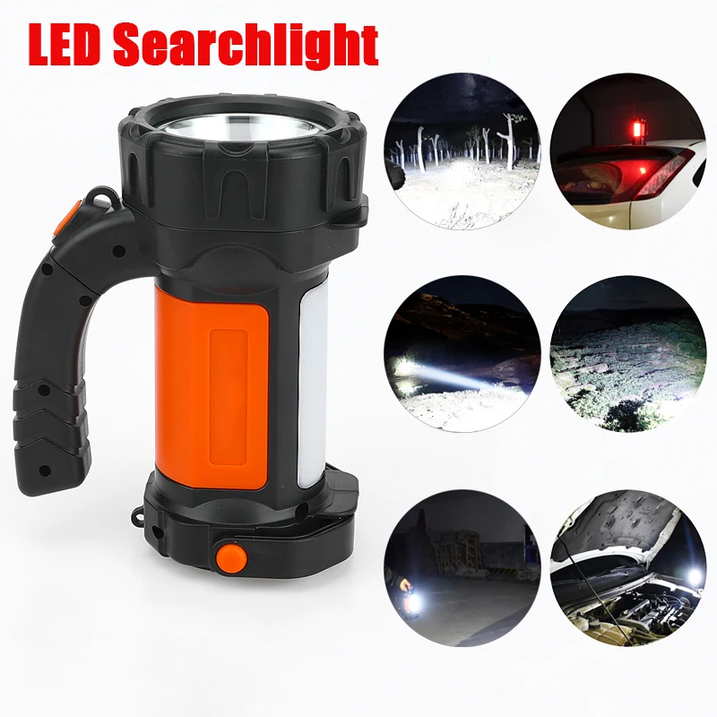 

Super Bright LED Searchlight Flashlight With Side Light 6 Lighting Modes Powered By 18650 Battery For Outdoor Camping