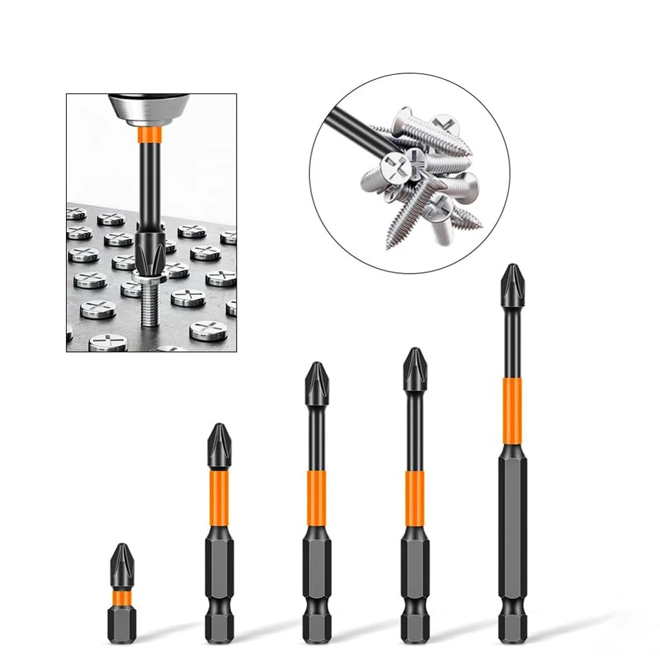 5Pcs Magnetic Screwdriver Bit Set 1/4 Inch Hex Shank Anti Slip Cross Head Impact Bits for Power Drill Screwdriving Tool