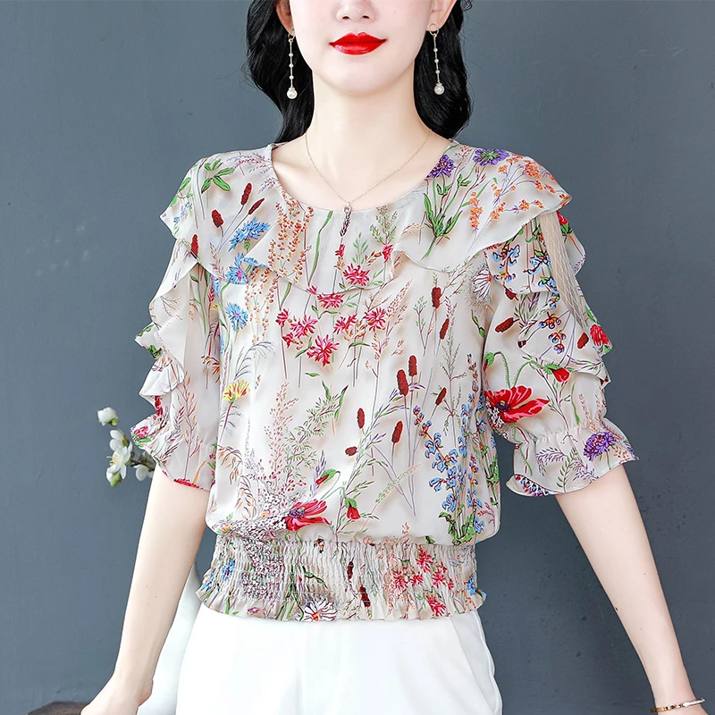 Korean Half Sleeve Ruffels Casual shirt Patchwork Floral Printed Tops 2024 New fashion Summer Women Chiffon Blouse