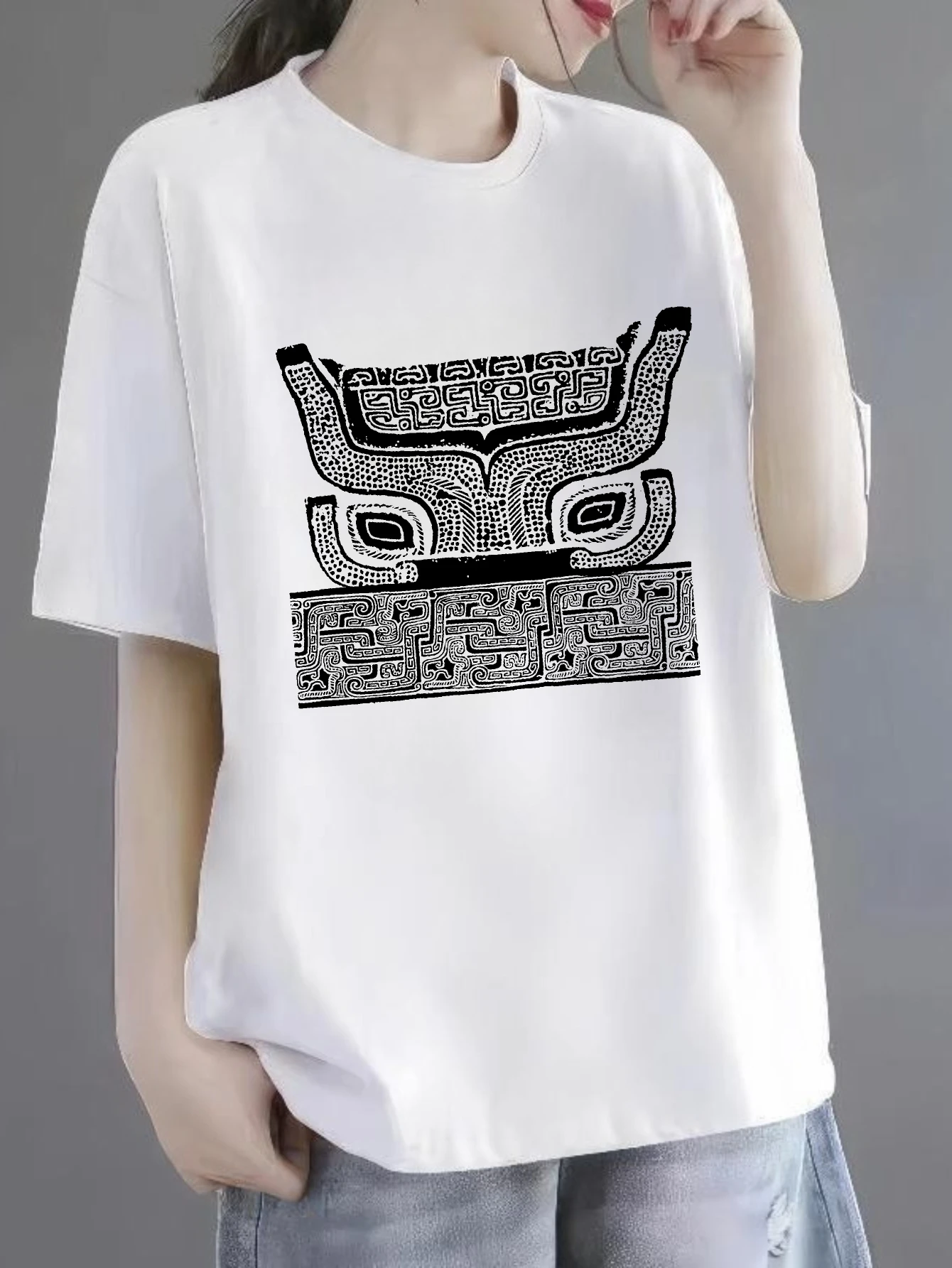 

Женские футболки в китайском стиле, аниме, футболки с круглым вырезом на Хэллоуин, повседневная футболка из 100% хлопка с абстрактным этническим дизайном, футболка с принтом 90