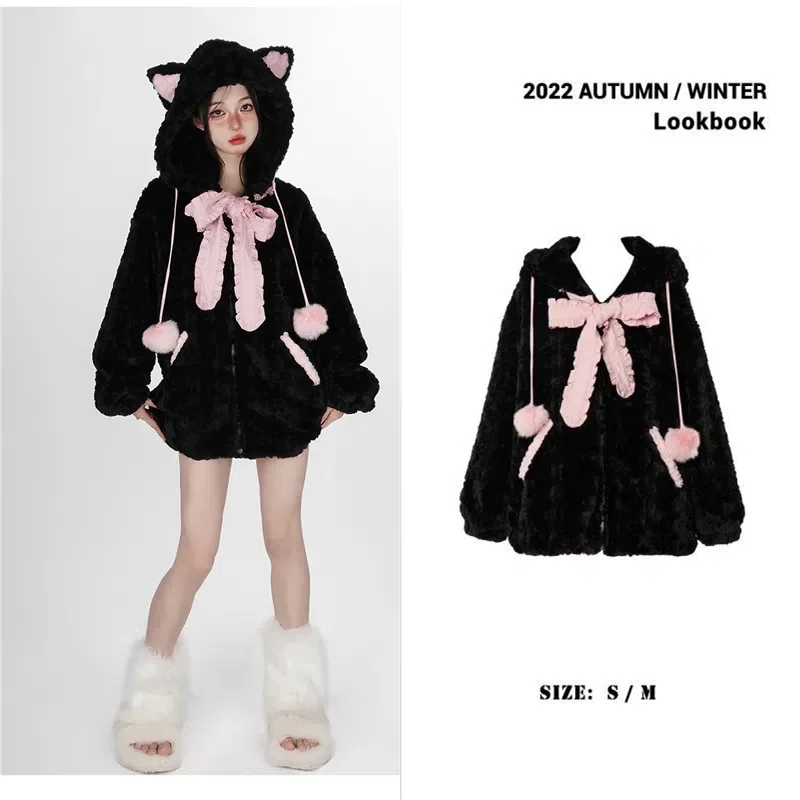 Harajuku Little WildCat Hoodies Women Bodysuit Black Tie Bowknot Cute Loose Goth Coat Y2k Style Kawaii Winter Clothes Women