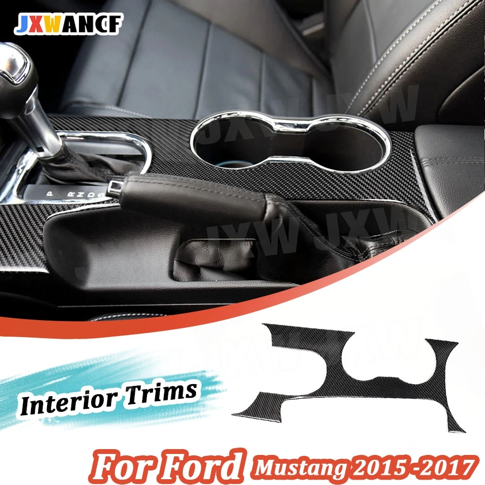 

JXWANCF Carbon Fiber Interior Trims Car Gear Shift Panel Frame Cover For Ford Mustang 2015 -2017 Water Cup Holder Trim Sticker