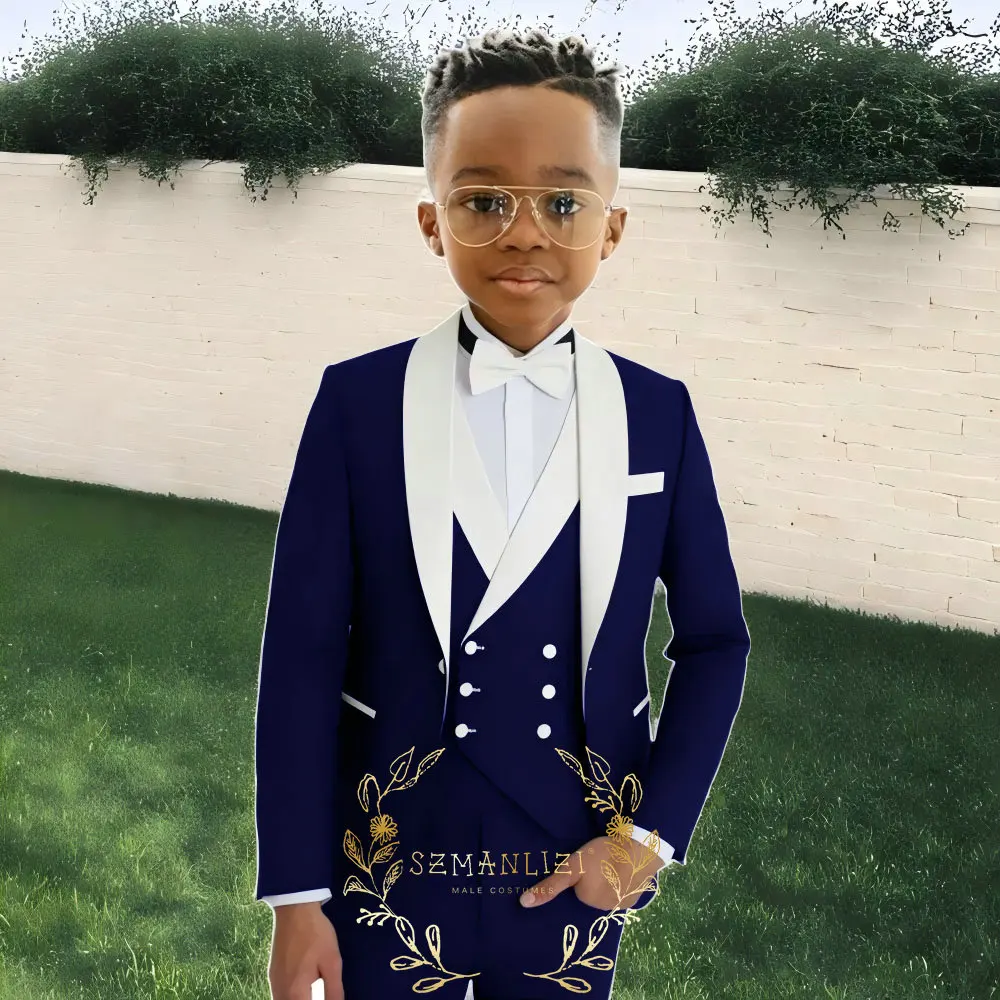 3 Piece Royal Blue Boys Suit Fashion Design Jacket Pants Vest Wedding Kids Tuxedo Formal Graduation Outfit Performance Suit