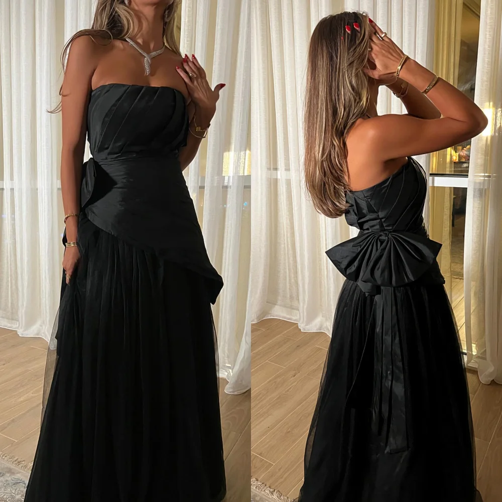 Personalizado exquisito estilo moderno arco plisado acanalado drapeado A-line vestidos largos sin tirantes vestidos para ocasiones a medida tamaños disponibles