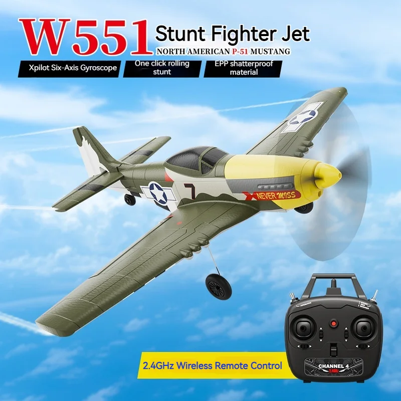 

W551 Four Channel Remote-Controlled Aircraft Fixed Wing Model Fighter Brushless Glider, Stunt Mustang Model Drop Resistant Toy