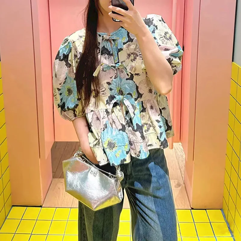 

Women's round neck short sleeve shirt puff sleeve loose and comfortable ladies casual tops