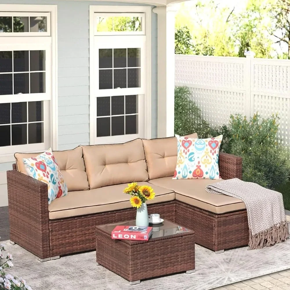 Outdoor Patio Furniture Set,All-Weather Wicker Rattan Furniture Sofa Set,with Cushions, Tempered Glass Coffee Table, Beige