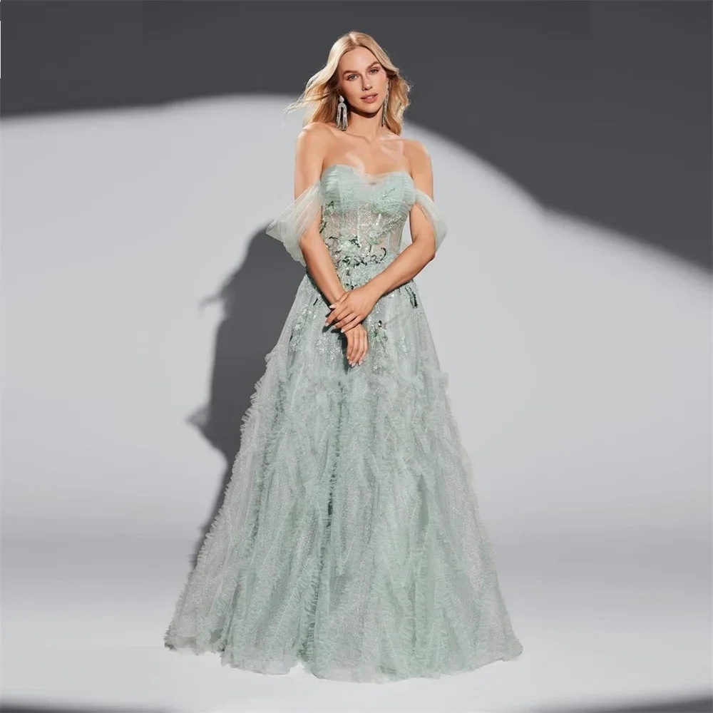 Customized Formal Evening Gown Strapless A-line Floor Length Open Back Tulle Bead Bespoke Occasion DressesProm Dress Saudi Arabi