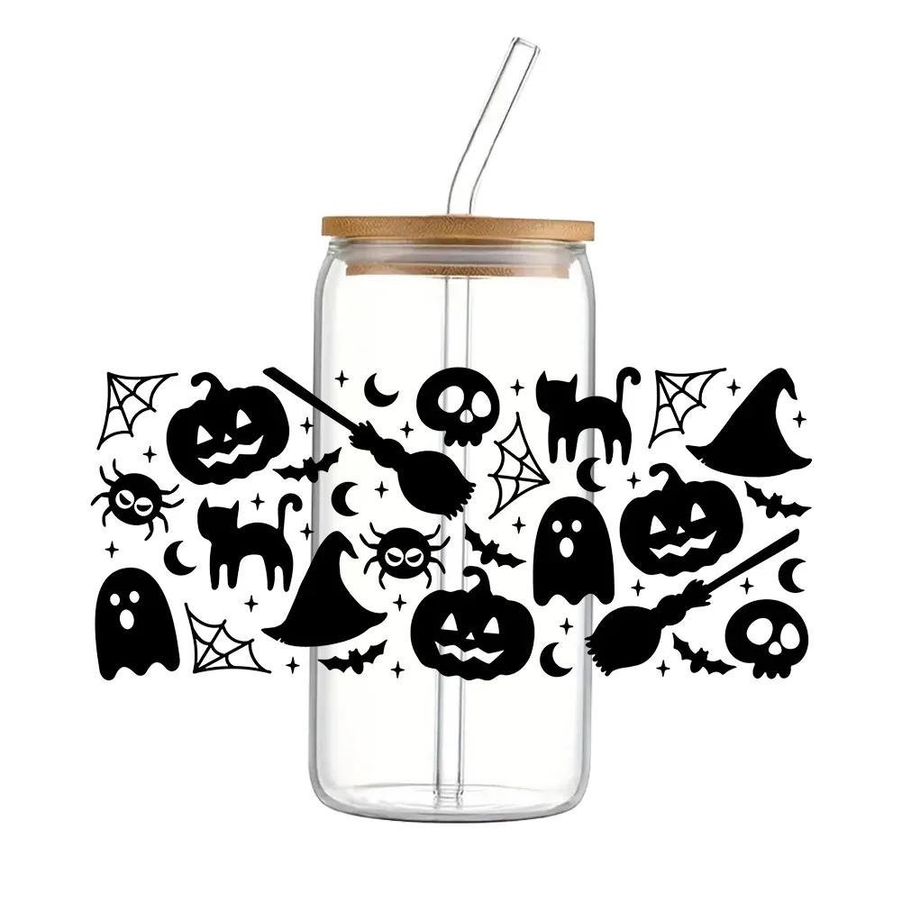 Halloween Black Silhouette Ghost UV DTF Cup Wrap Sticker Decal Transfer for 16oz Libbey Can Glass 11x24cm