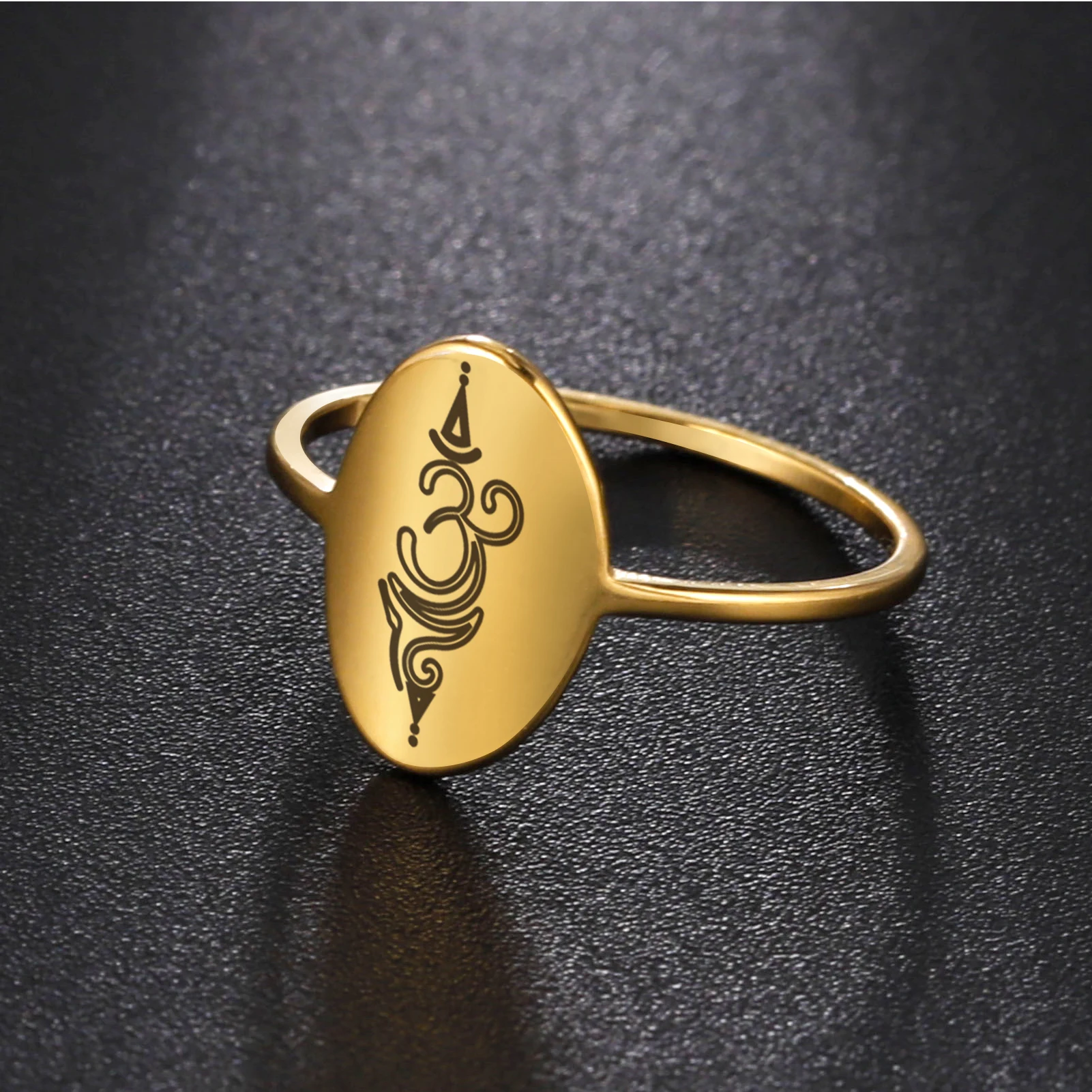 LIKGREAT Yoga Lotus Unalome Symbol Ring Buddhist Indian Om Ring Healing Charms Amulet Geometric Oval Stainless Steel Jewelry