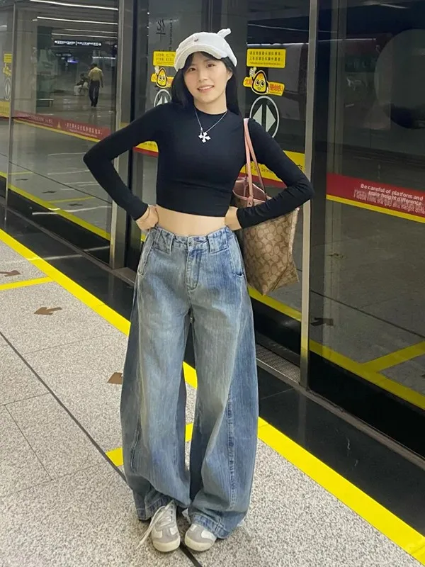 

American Retro Wide Leg Jeans Women's Low Waist Loose Straight Banana Scythe Pants Autumn 2025 New Style Vintage High Waist
