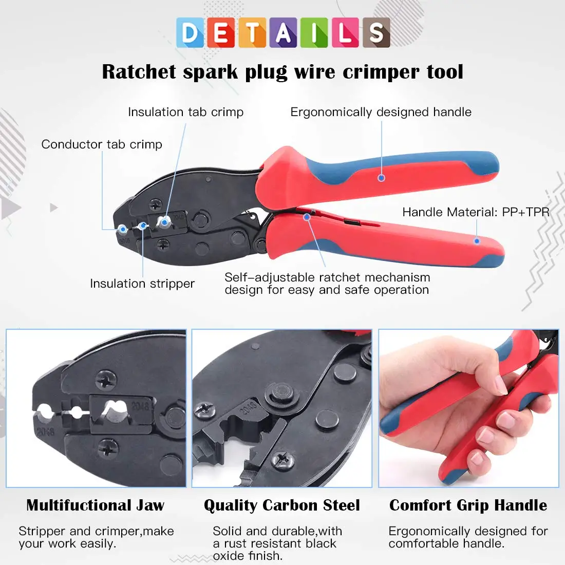 Ratchet Spark Plug Wire Crimper ,180/90 Degree/Straight Spark Plug Coil Terminals Set for Crimping and Stripping Ignition Wire