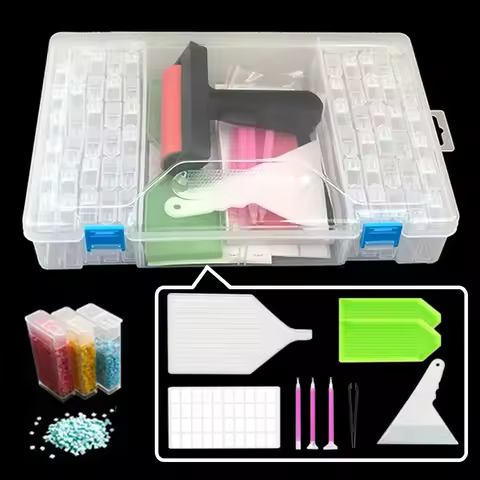 Diamond Painting Tools Sets with 64/56/42/28 Cells Plastic Storage Box Funnel Stickers etc Kit for Diamond Painting Embroidery