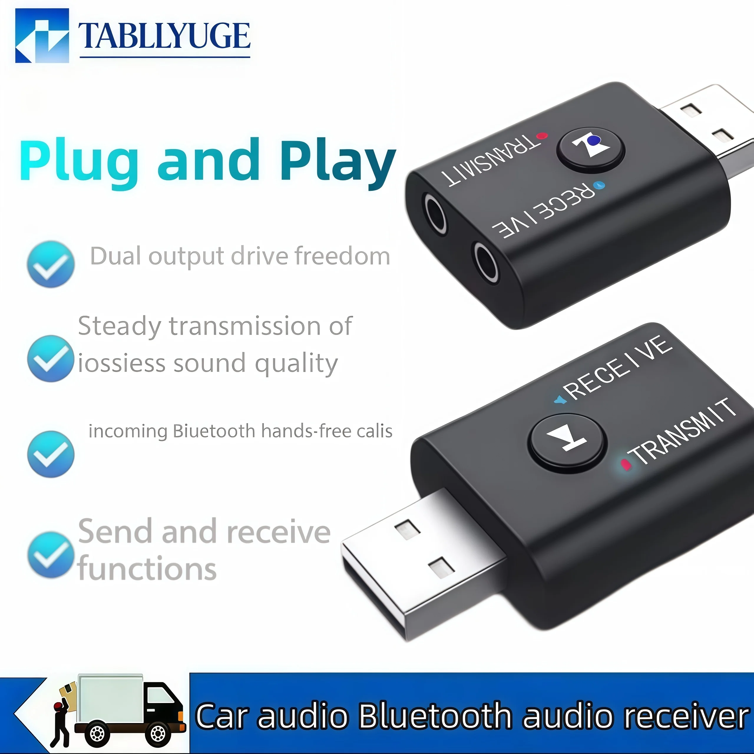 Adaptador de áudio Bluetooth 5.0 2 em 1, transmissor e receptor sem fio USB, para chamadas em modo mãos-livres em TV, PC, laptop, alto-falante e fone de ouvido, com entrada de 3,5 mm.