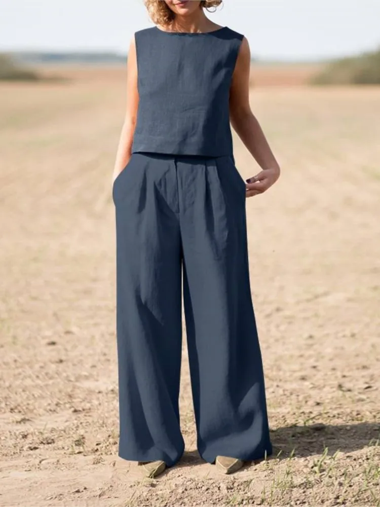 Summer Loose O-Neck Sleeveless Top Wide Leg Pants Two Piece 2024 Fashion Casual New Suit Women Solid Cotton Linen 2 Piece Suits