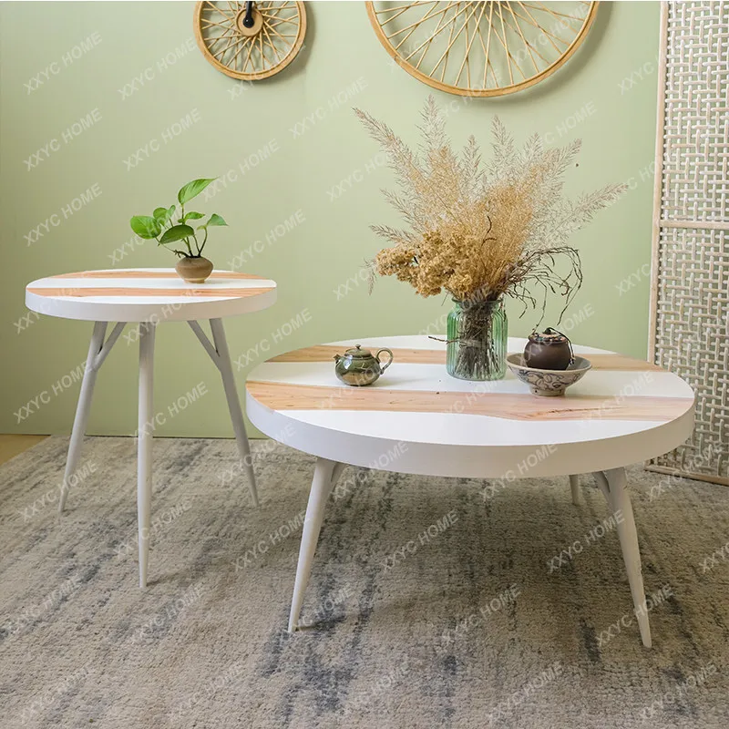 Accessible luxury wrought iron solid wood round corner table casualjapanese style modern living room balcony coffee table