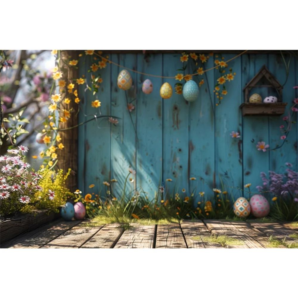 Wooden Wall Background for Easter Photography Eggs Flowers Bunny Newborn Baby Shower Prop Kids Party Photo Booth Backdrops