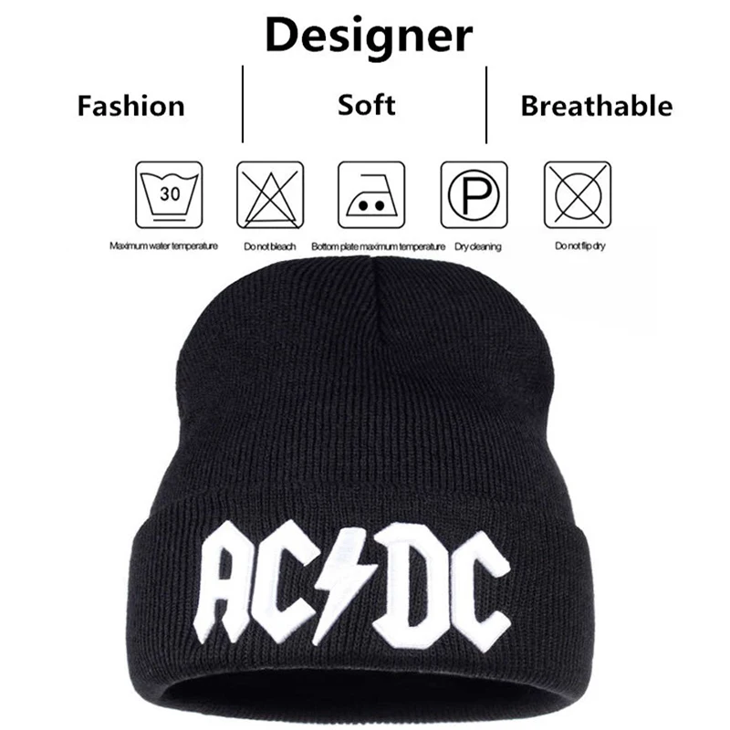 Men\'s Fashion ACDC Letter EmbroideryKnitted Hat Winter Warm Outdoor Sports Hat Soft Beanie Hat For Men Women Casual Wool Hats