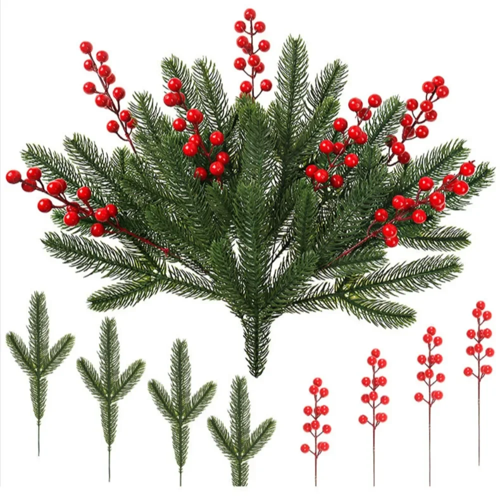 10Pcs Christmas Decoration Artificial Pine Branches Holly Berries Red Berry Branches for Christmas Tree Wreath Gifts Decoration