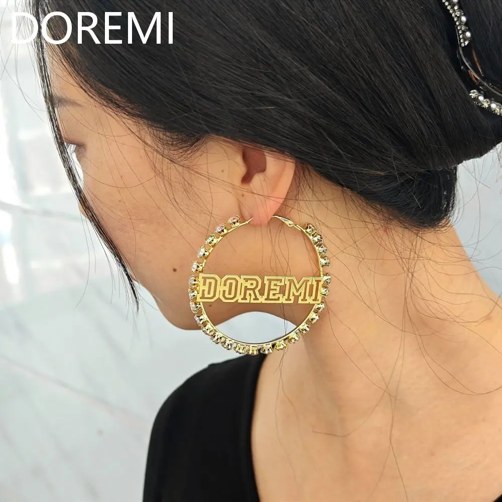 DOREMI Women Elegant Personalized Jewelry Gift Colorful Zircon Shiny Crystal Stone Hollow Custom Name Earring Hoop