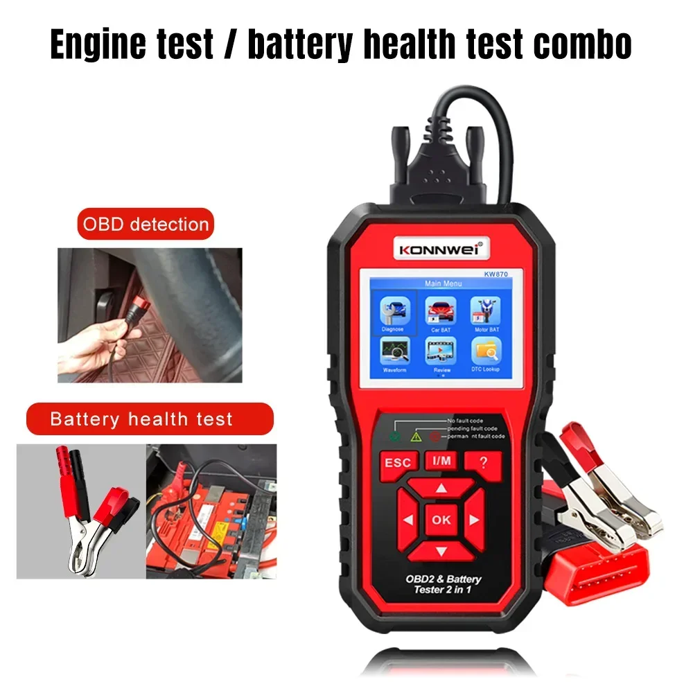 KONNWEI KW870 6V 12V Car Motorcycle Battery Tester OBD2 Diagnostics Tool Scanner 2 in1 Cranking Charging Test Tools