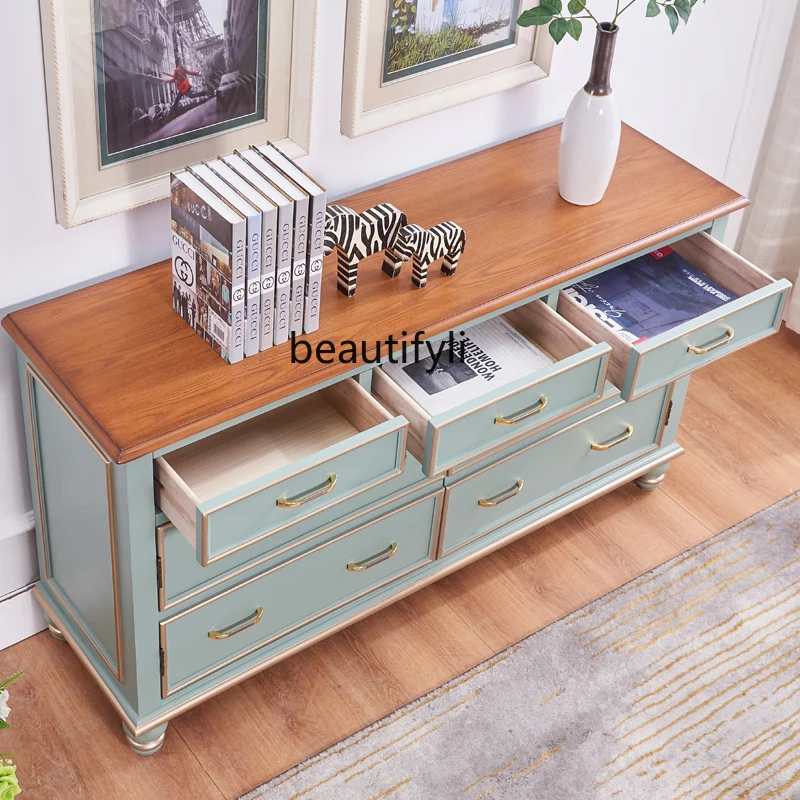 American-Style 7-Drawer Cabinet Solid Wood Drawer Painted Hallway Storage Cabinet Bedroom High TV Cabinet