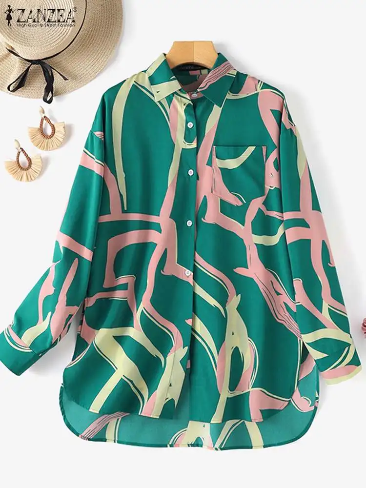 ZANZEA Women Long Sleeve Shirt Korean Fashion Office Tops Blouse Oversized Printed Tops Holiday 2024 Summer Lapel Neck Tunics