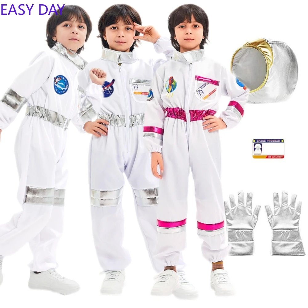Astronaut Costume Kids Cosplay Jumpsuit Cartoon Space Party Boys Girls Spaceman Outfit Children White Spacesuit Gloves Bodysuit