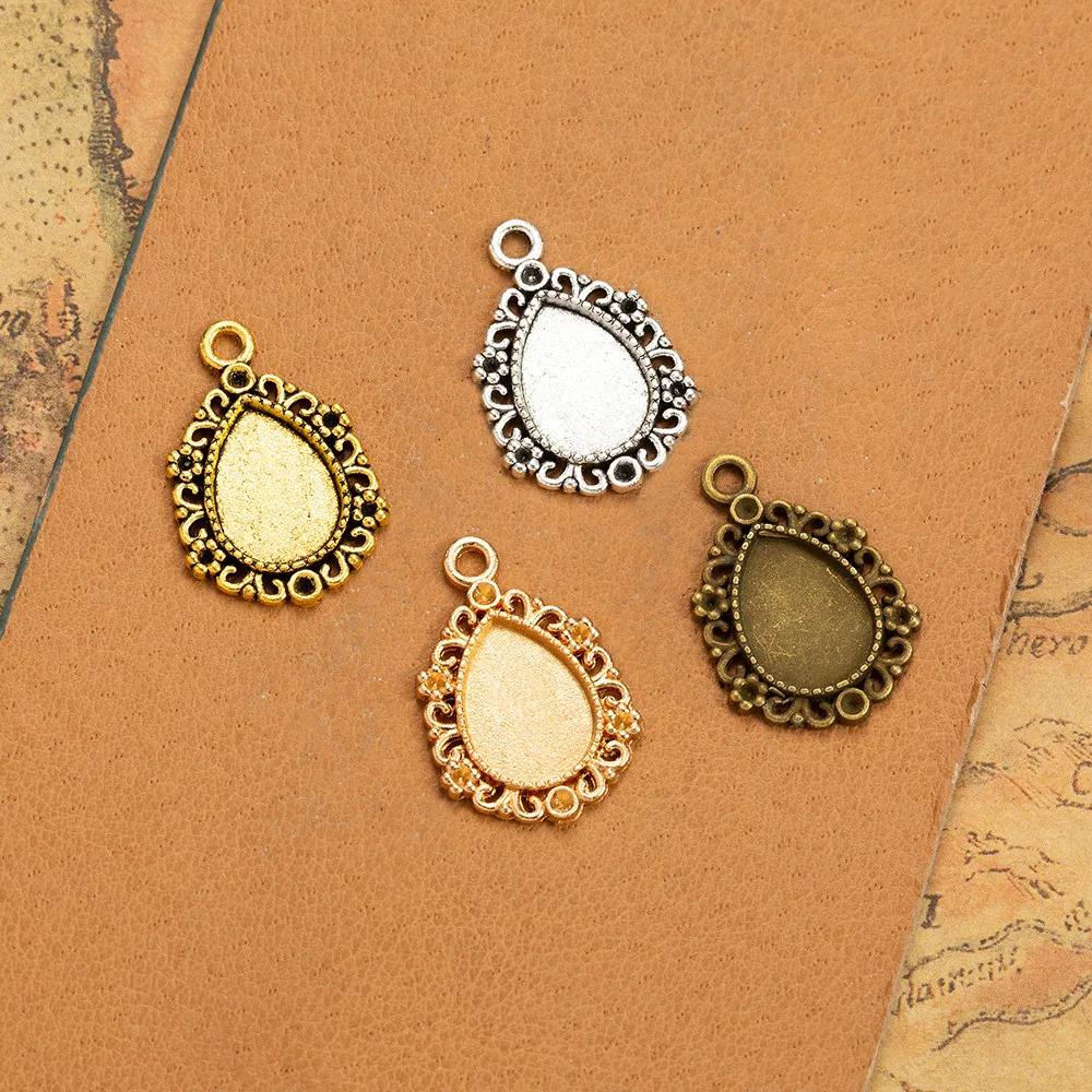 50pcs/lot Inner Size 10x14mm Water Drop Metal Necklace Pendant Setting Cabochon Cameo Base Fit Cabochons Jewelry Making Findings
