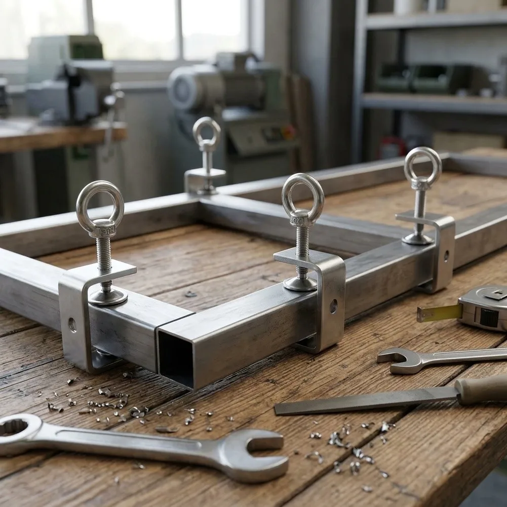 Robust Stainless Steel C Clamp with Eye Bolt Designed for Square Tube Clamping in Metalworking and Installation