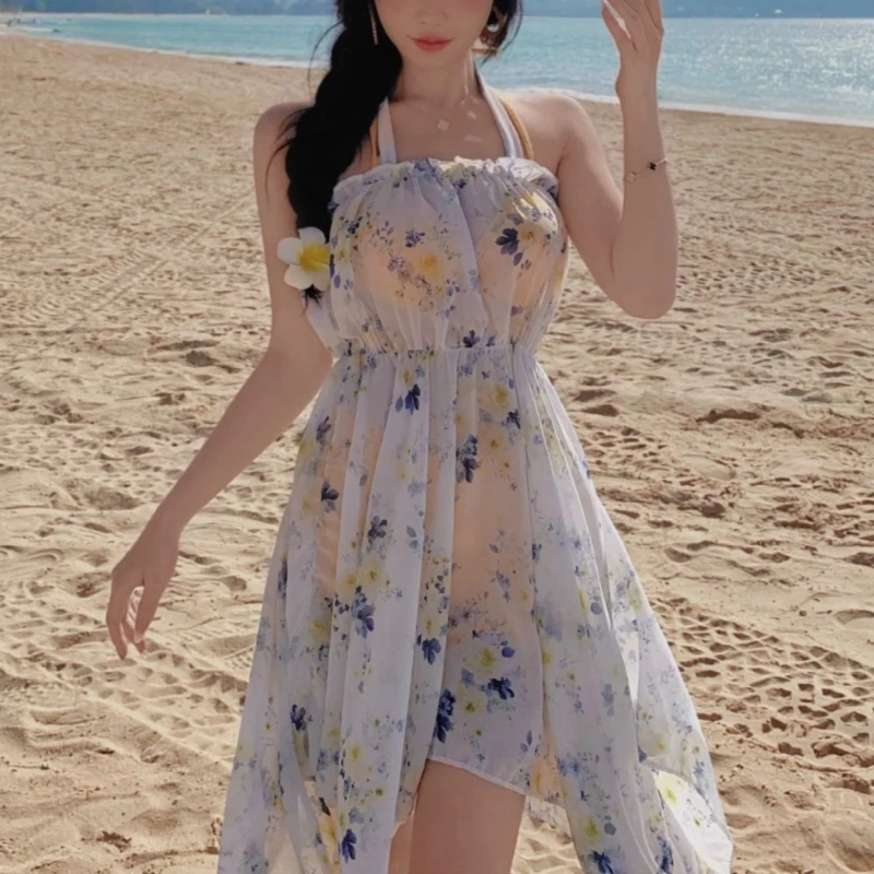 

Summer Vintage Elegant Floral Halter 3 Piece Swim Dress Set Women Ruched Ruffle Trim Chiffon Slim Fit Midi Dress Beach Outfit