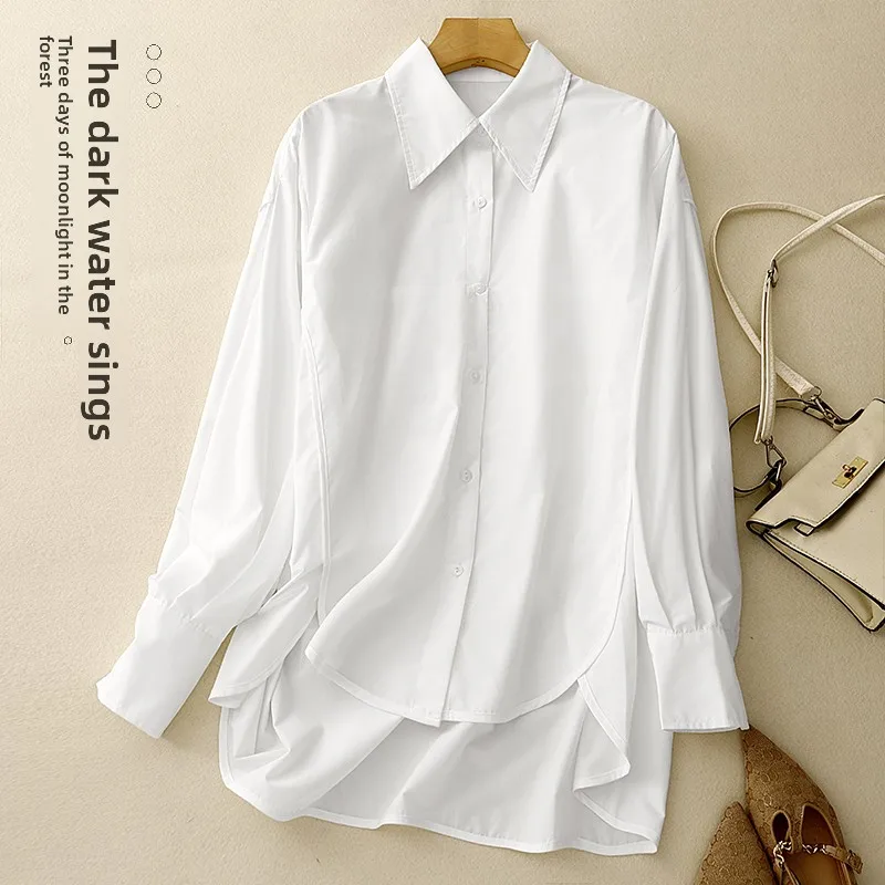 

Elegant Loose Long Sleeve White Shirt for Women Ageless Design Cotton 100% Artistic High-End Fashion Spring Autumn Top