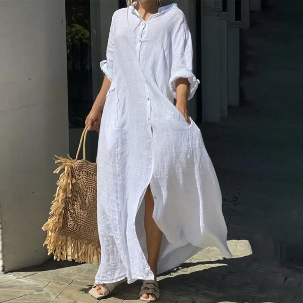 Damskie elegancka sukienka Maxi sukienka trapezowa z kieszeniami na dekolcie w szpic dla kobiet miฤkkie oddychajฤ
ce do kostek lato na wiosnฤ