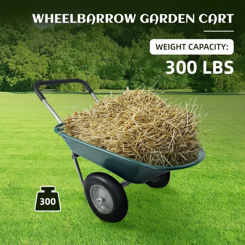 عربة حديقة ذات عجلات مزدوجة شديدة التحمل مع حامل مدمج، عربة يدوية سهلة المناورة للمنزل باللون الأخضر