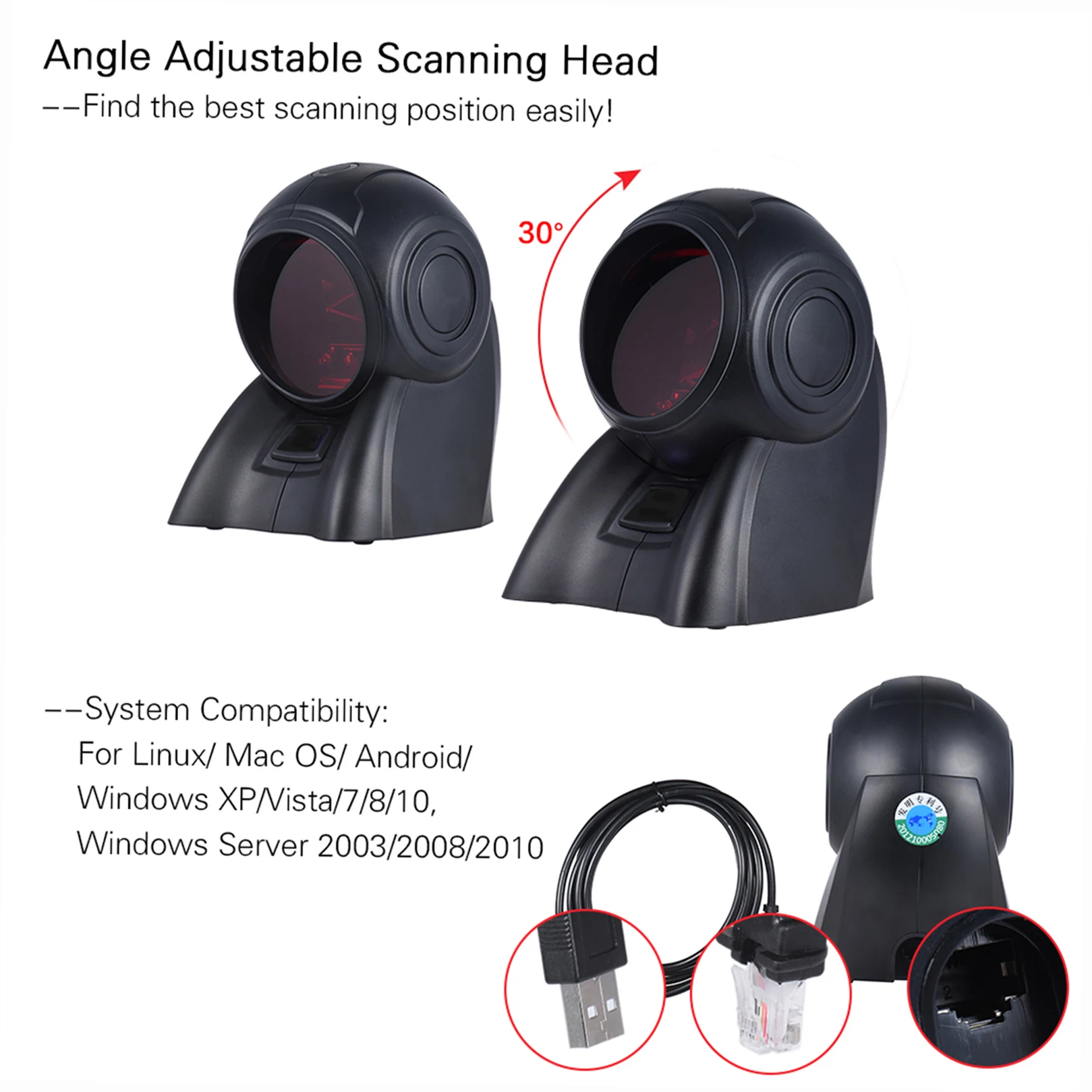 Omni-direcional Orbit Barcode Scanner, Auto Scanning, USB Reader, 30 ° cabeça ajustável, 1D, 1800 T/s de velocidade, 20 linhas