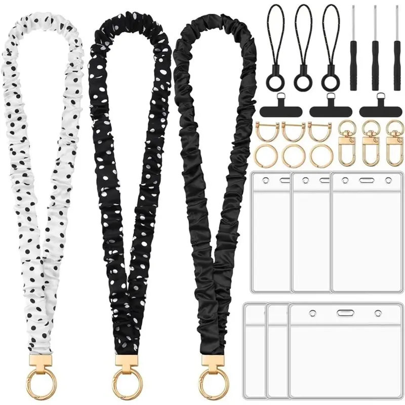 AT82-3 Set Polka Dots Scrunchies Lanyards For ID Badges, Stretchy Lanyard For Women Teacher Nurse