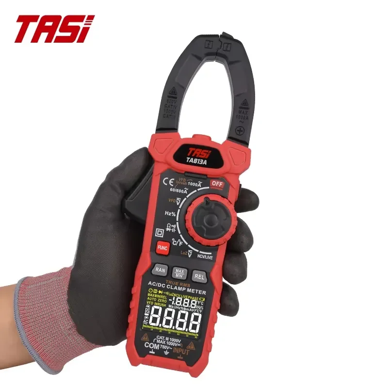 TASI TA813B+ Auto-Ranging Clamp Meter-DC/AC Current/Voltage Resistance Frequency Testing Tool 1000V/1000A Range 10Hz-10MHz