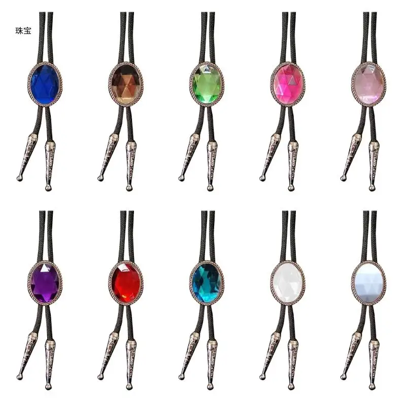 X5QE Delicate Diamond Stone Bolo Tie Cowboy Punk Necktie Western Bolo Tie Engraving Charm Bolo Tie Cowboy for Shirt Jeans