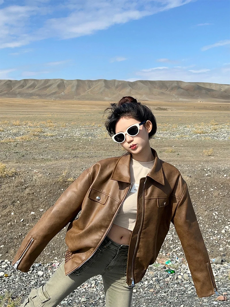 Veste en cuir PU pour femme, col rabattu rétro, manches longues, conception de fermeture éclair, vestes taille fine, CombFemale, automne, hiver, nouveau, 2024