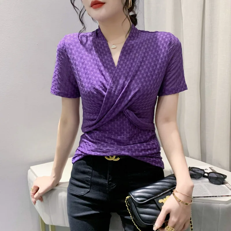 #5311 Black Green Puprle Mesh Wrap T Shirt Women Short Sleeve Sexy Elastic Office T-Shirt Female Tight V-neck Folds Korean Style