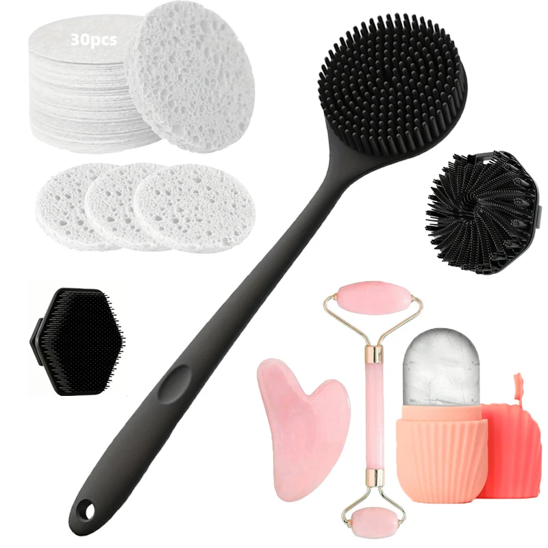 مجموعة فرش حمام أداة العناية بالوجه مكونة من 7 قطع، إسفنجة مضغوطة للوجه، مقبض غير قابل للانزلاق، أداة العناية بالتطهير العميق،