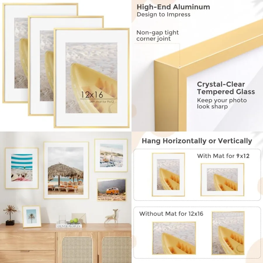 

12x16 Metal Picture Frame For Wall With Mat For 9x12, 12''x16'' Aluminum Certificate Document Frames With Tempered Glass, Minimalist Modern Poster Frame Horizontally Vertically Set of 3, Gold