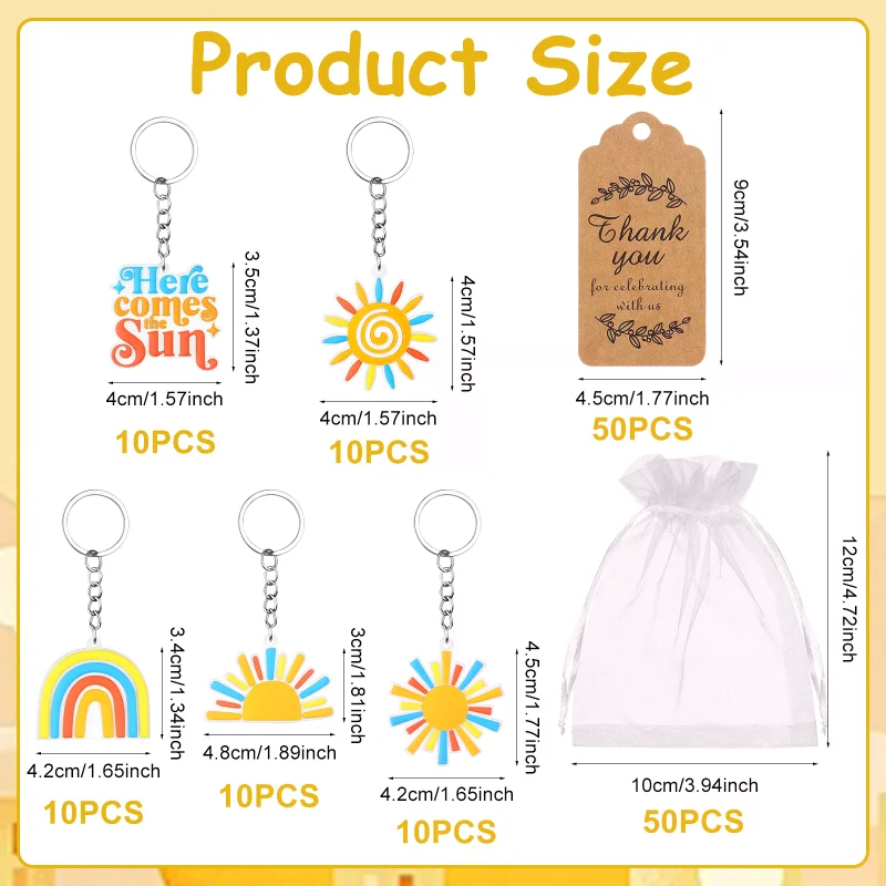 

150Pcs Here Comes The Sun Baby Shower Party Favors Rainbow Sun Keychains With Thank You Tags And Organza Bags, Boho Sunshine The