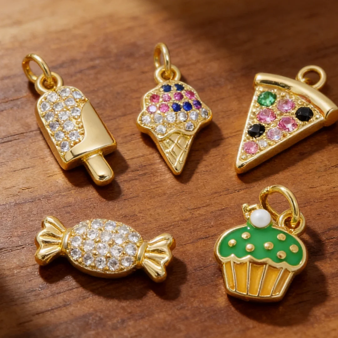 

4Pcs Pendants Brass Cubic Zirconia Enamel Dessert Charms Ice Cream Pizza for DIY Jewelry Necklace Bracelet Making Accessories