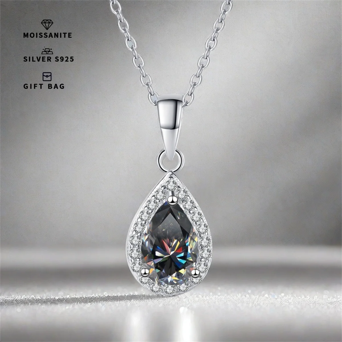 S925 silver plated platinum inlaid pear-shaped Gray GRA Moissanite Necklace Sweet Pendant Simple Clavicle Chain for women