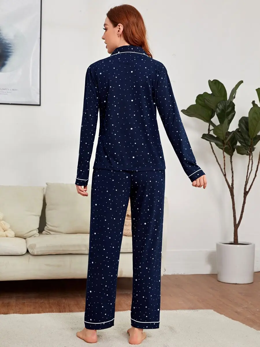 

Star Print Pajama Set With Contrast Binding Cozy Sleepwear For Women